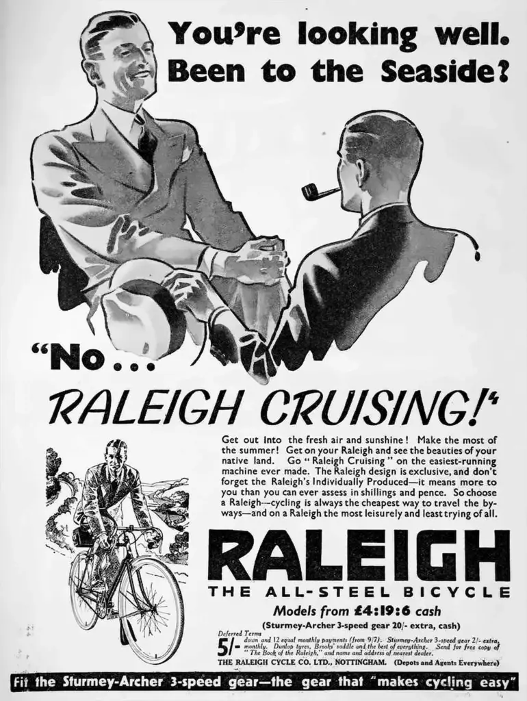 Black and white press advertisement showing two men in deckchairs, one asking whether the other has been to the seaside, the reply reading No, Raleigh Cruising