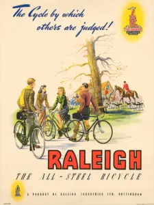 Color poster headed The Cycle by which others are judged, showing four cyclists on a lane watching a fox hunt pass a cottage