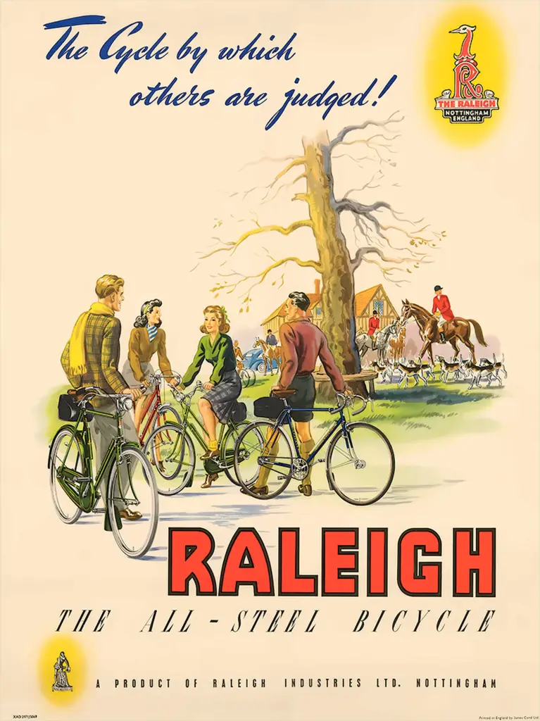 Color poster headed The Cycle by which others are judged, showing four cyclists on a lane watching a fox hunt pass a cottage