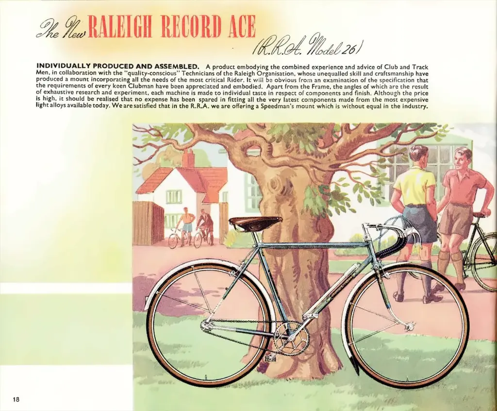 Catalog page headed The New Raleigh Record Ace R.R.A. Model 26, showing a green lightweight bicycle beside a tree with club cyclists behind
