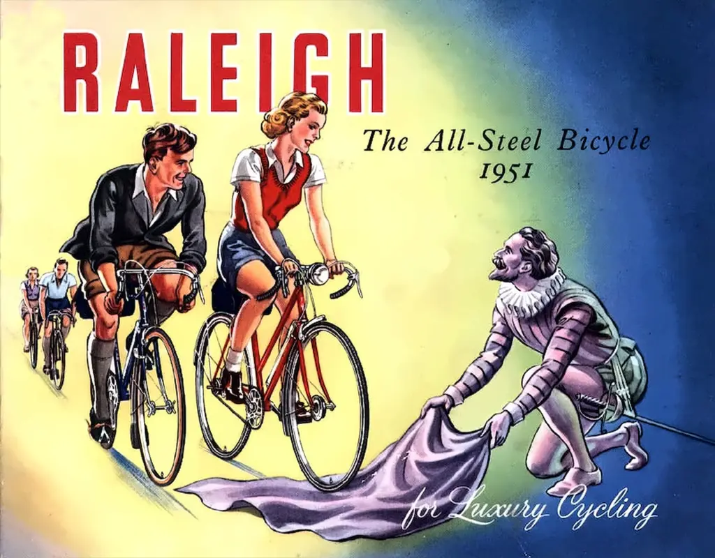 Catalog cover headed Raleigh The All-Steel Bicycle 1951 for Luxury Cycling, showing cyclists riding past a figure in Elizabethan dress laying down a cloak
