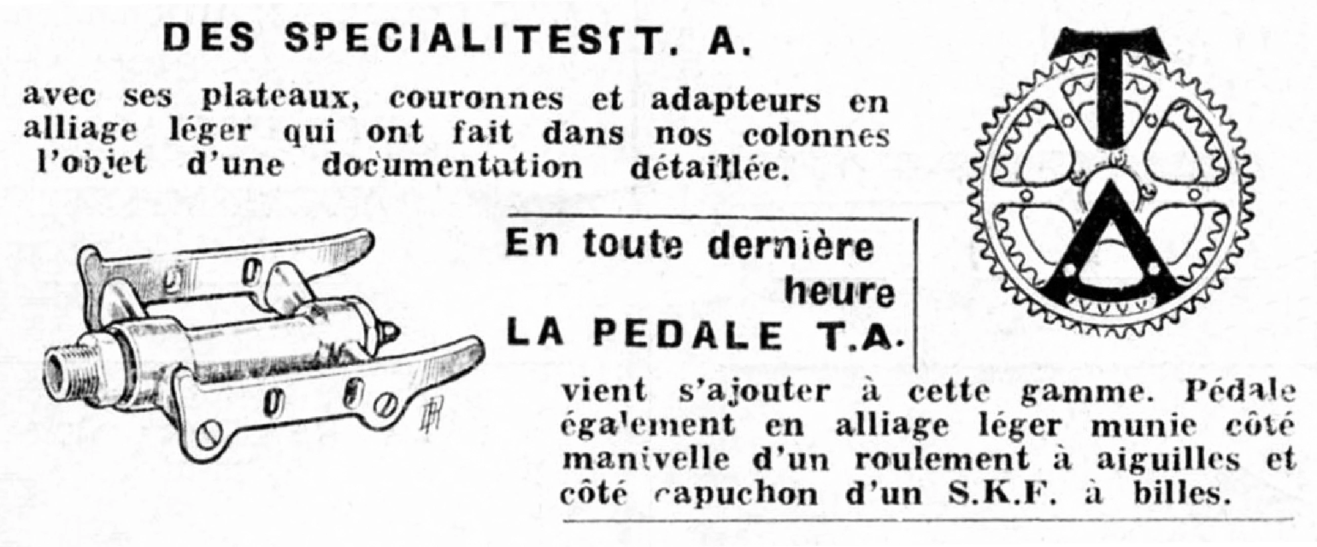 1951 advertisement text-only announces the new TA alloy pedal alongside the firm's existing chainring plateaux couronnes and adaptor range, over a bold T.A. wordmark