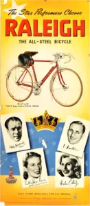 Color Raleigh poster headed The Star Performers Choose Raleigh, showing a red lightweight bicycle above signed portraits of Reg Harris, Len Hutton, Sally Ann Howes and Cecilia Colledge