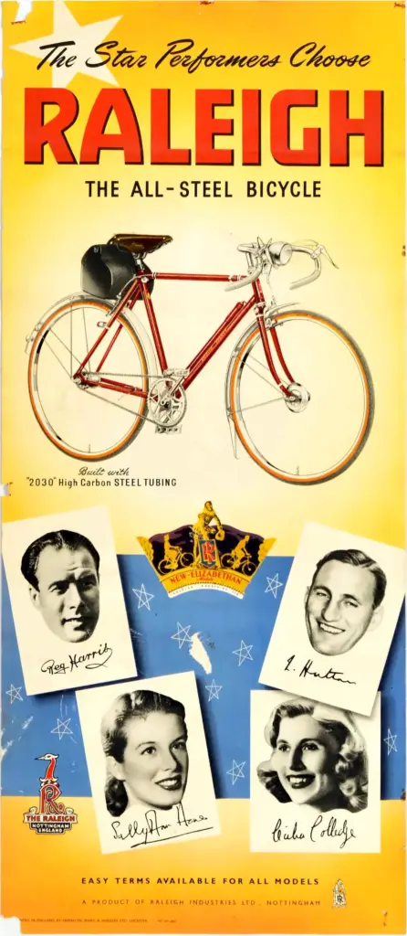 Color Raleigh poster headed The Star Performers Choose Raleigh, showing a red lightweight bicycle above signed portraits of Reg Harris, Len Hutton, Sally Ann Howes and Cecilia Colledge