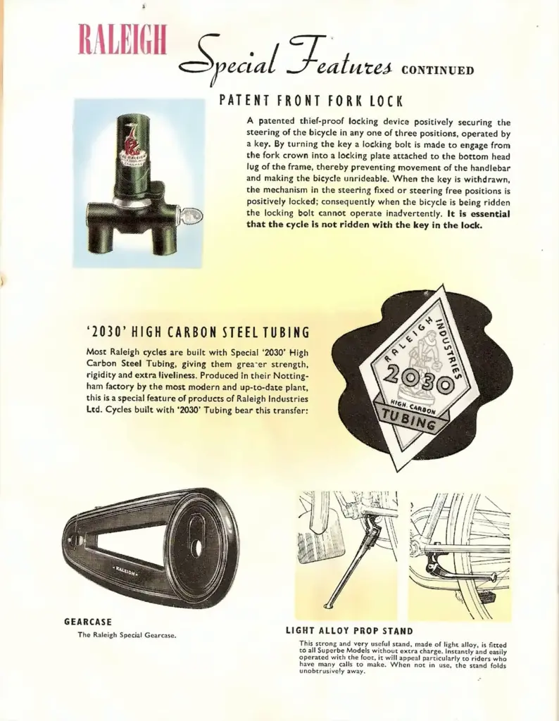Catalog page headed Raleigh Special Features showing a patent front fork lock, the 2030 high carbon tubing transfer, a chaincase and a light alloy prop stand