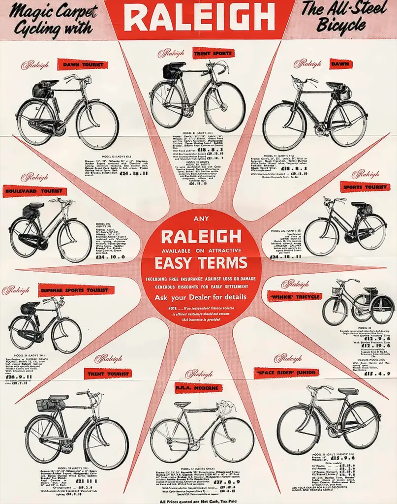 Catalog fold-out headed Magic Carpet Cycling with Raleigh, showing eleven models arranged around a central roundel advertising easy terms