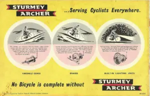 Illustrated catalog spread headed Sturmey Archer, Serving Cyclists Everywhere, showing hub gears and hub brakes with the line No Bicycle is complete without Sturmey Archer
