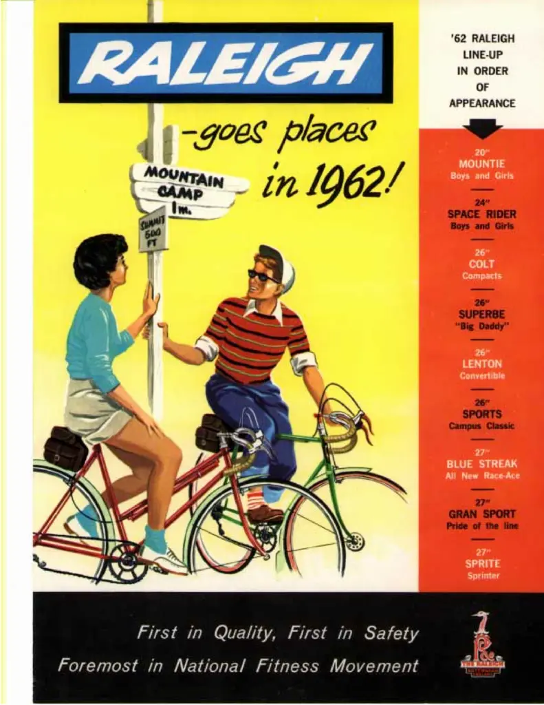 Color catalog cover headed Raleigh goes places in 1962, showing two teenagers on Raleigh bicycles beside a Mountain Camp signpost, with the model range listed down the right edge