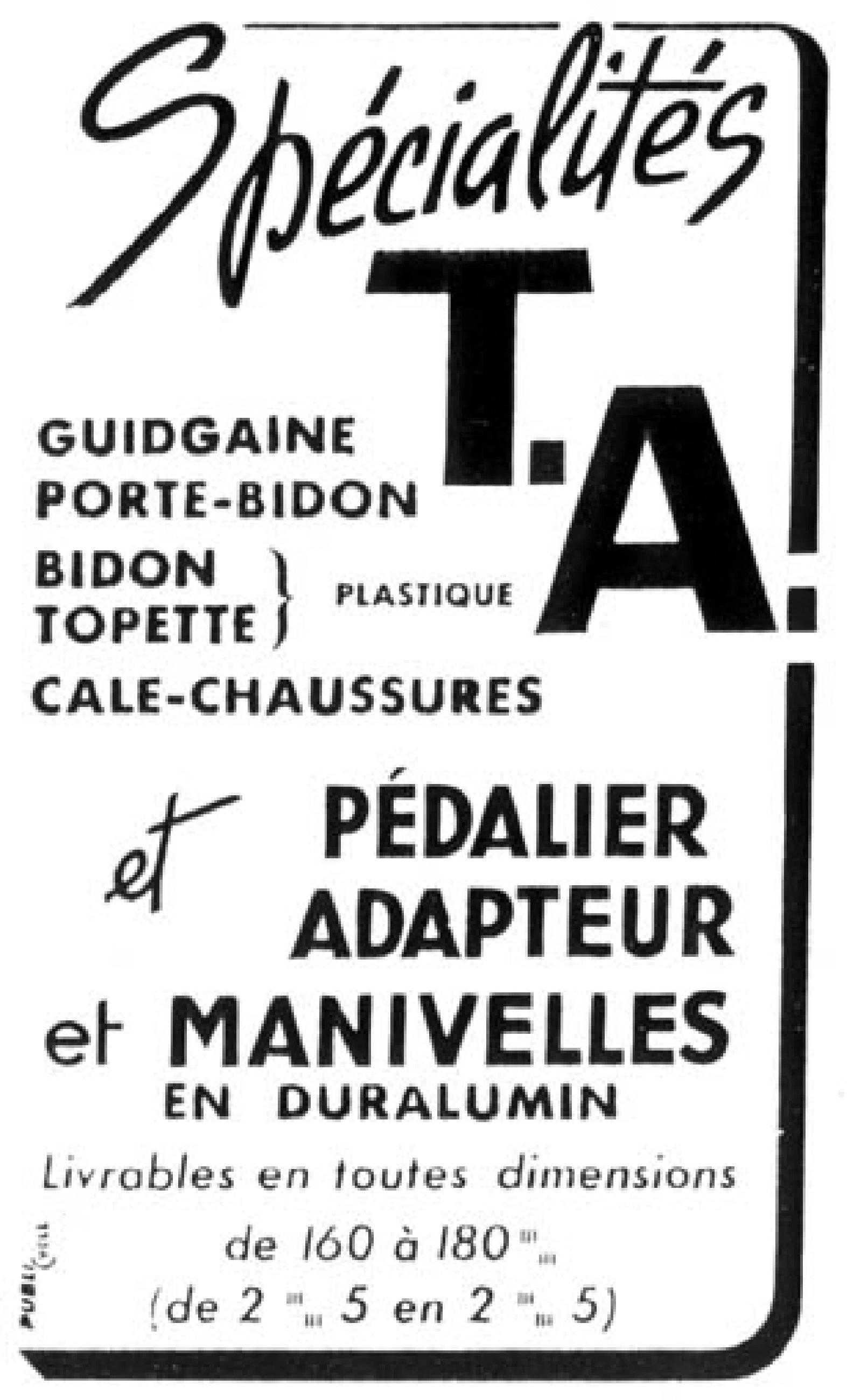 Period typographic advertisement listing the Guidgaine handlebar fitting plastic bidons cale-chaussures and duralumin adapter cranksets in sizes 160 to 180mm