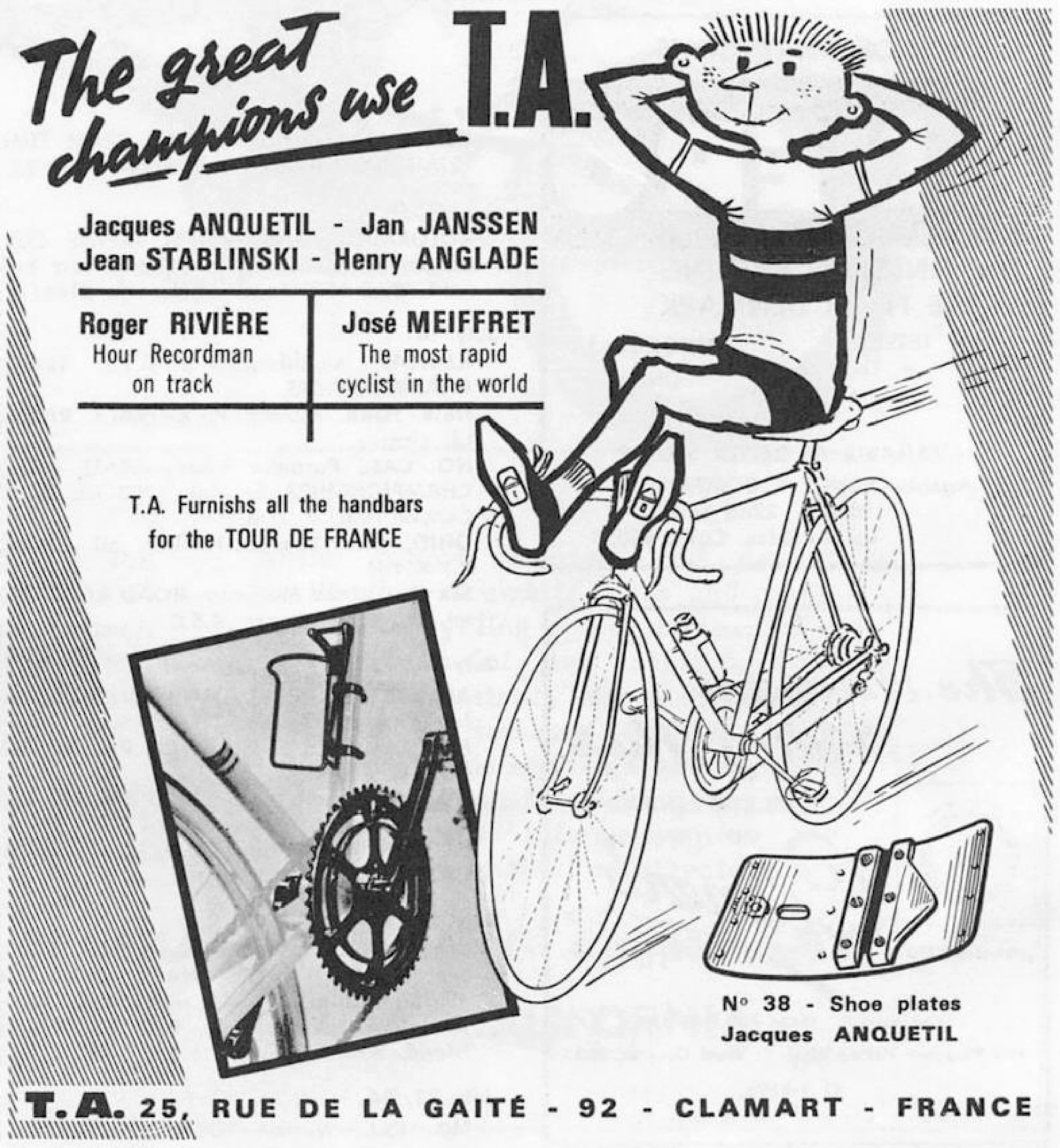 English language advertisement headlined The great champions use T.A. naming Anquetil Janssen Stablinski Anglade Riviere and Meiffret beside a cartoon Fifi mascot