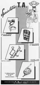 English export advertisement with cartoon mascot Fifi and four inset photos of the bottle for racer, shoe plates, bottle cage and crank and chainwheels, all J Anquetil branded