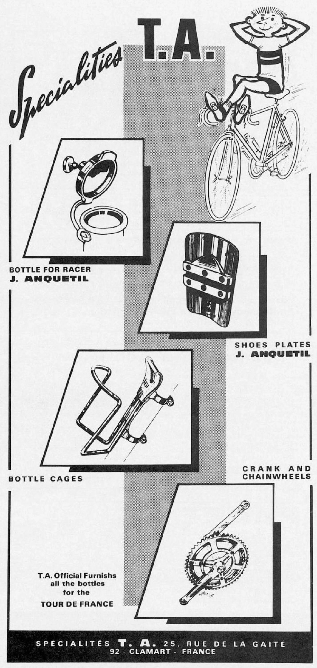 English export advertisement with cartoon mascot Fifi and four inset photos of the bottle for racer, shoe plates, bottle cage and crank and chainwheels, all J Anquetil branded
