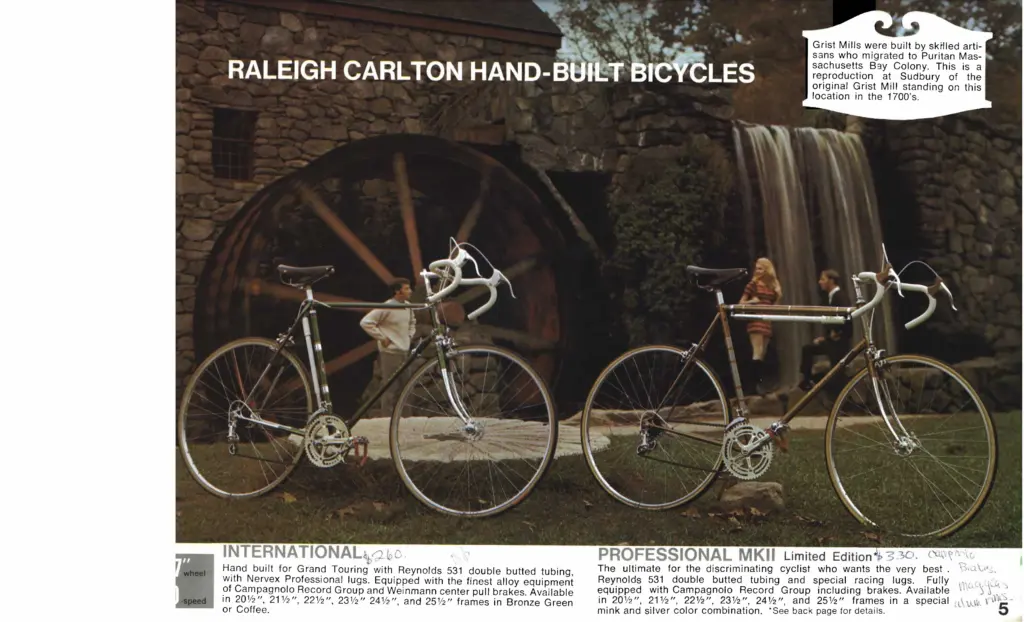 Catalog spread headed Raleigh Carlton Hand-Built Bicycles showing two lightweight racing bicycles photographed beside a watermill