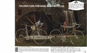 Catalog spread headed Raleigh Carlton Hand-Built Bicycles showing two lightweight racing bicycles photographed beside a watermill