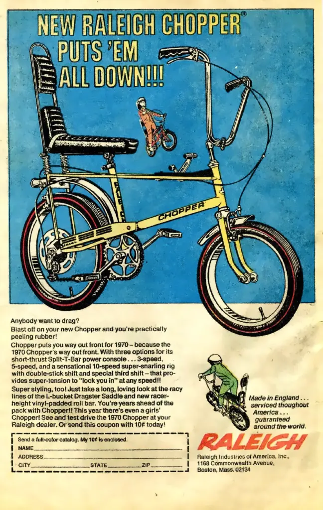 Comic-book advertisement for the Raleigh Chopper showing the yellow high-rise bicycle with its dragster saddle, ape-hanger bars and top-tube gear console