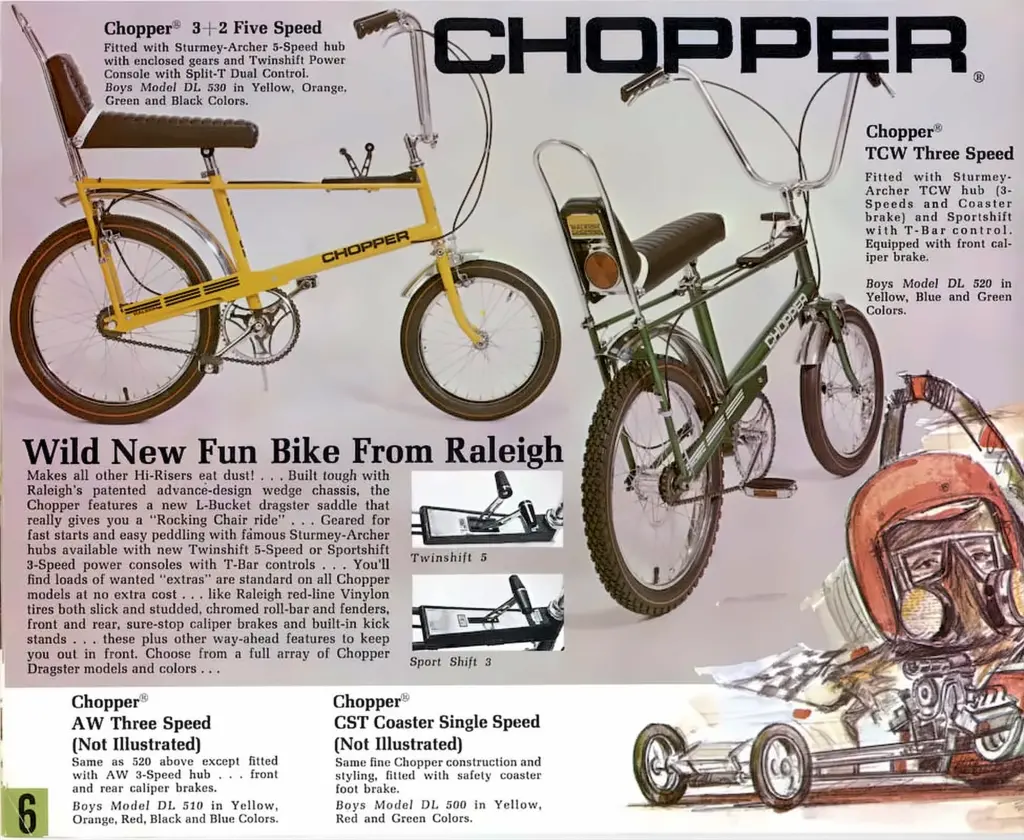 Catalog page headed Chopper, Wild New Fun Bike From Raleigh, showing a yellow Chopper 3 plus 2 five speed and a green TCW three speed with inset photographs of the Twinshift and Sport Shift consoles