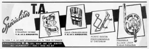 French language diagonal band advertisement for the bidon, cale-chaussures, porte-bidon and ensemble alliage leger crankset, all endorsed by J Anquetil