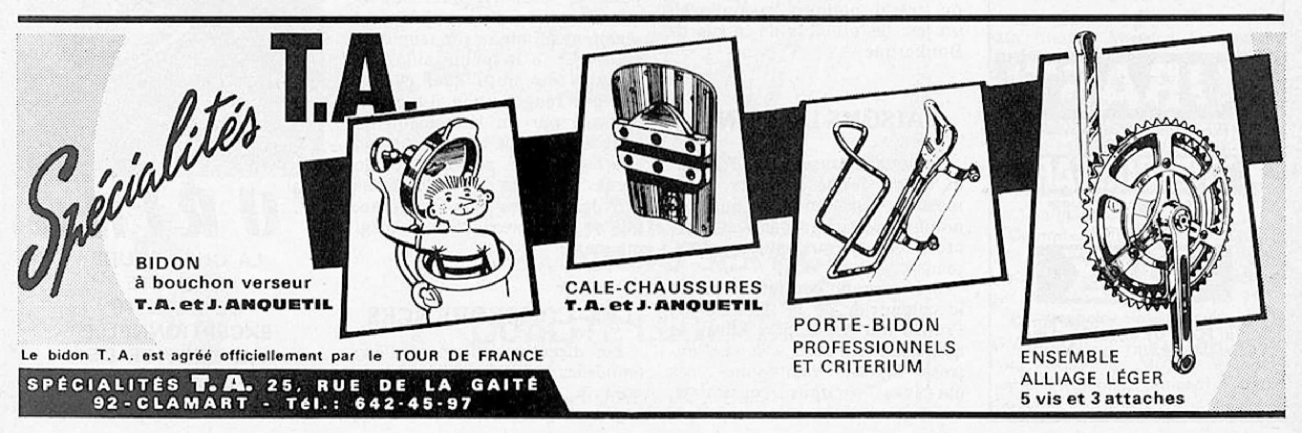 French language diagonal band advertisement for the bidon, cale-chaussures, porte-bidon and ensemble alliage leger crankset, all endorsed by J Anquetil