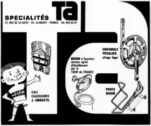 Advertisement built around a giant cut out TA wordmark, with the Fifi mascot and callouts for cale-chaussures, bidon, ensemble pedalier and porte bidon