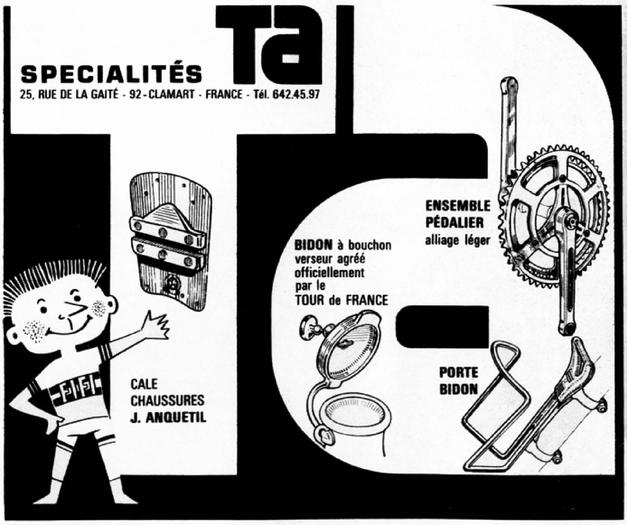 Advertisement built around a giant cut out TA wordmark, with the Fifi mascot and callouts for cale-chaussures, bidon, ensemble pedalier and porte bidon