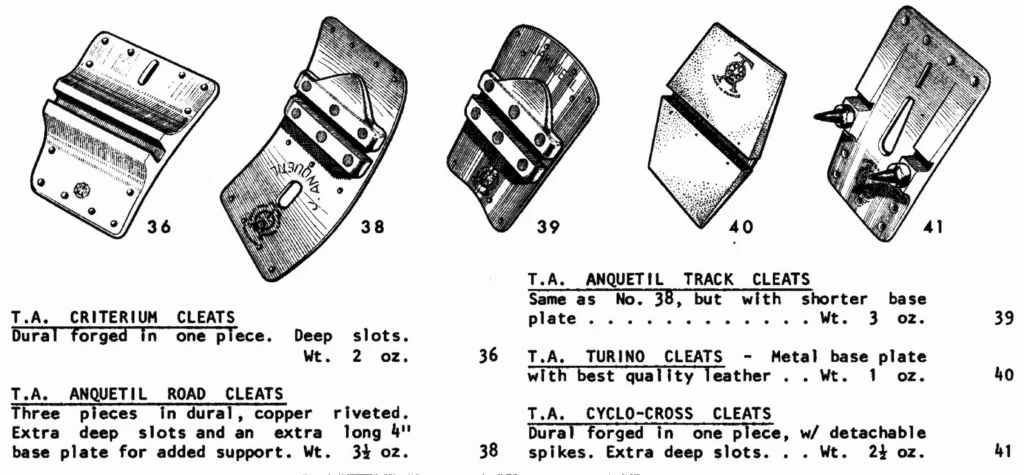 Five TA shoe cleats drawn in a row and numbered 36, 38, 39, 40 and 41, the Anquetil road and track cleats with the name J. Anquetil on their base plates and the cyclo-cross cleat with two spikes, above typed entries giving each cleat’s name, description, weight in ounces and catalog number.