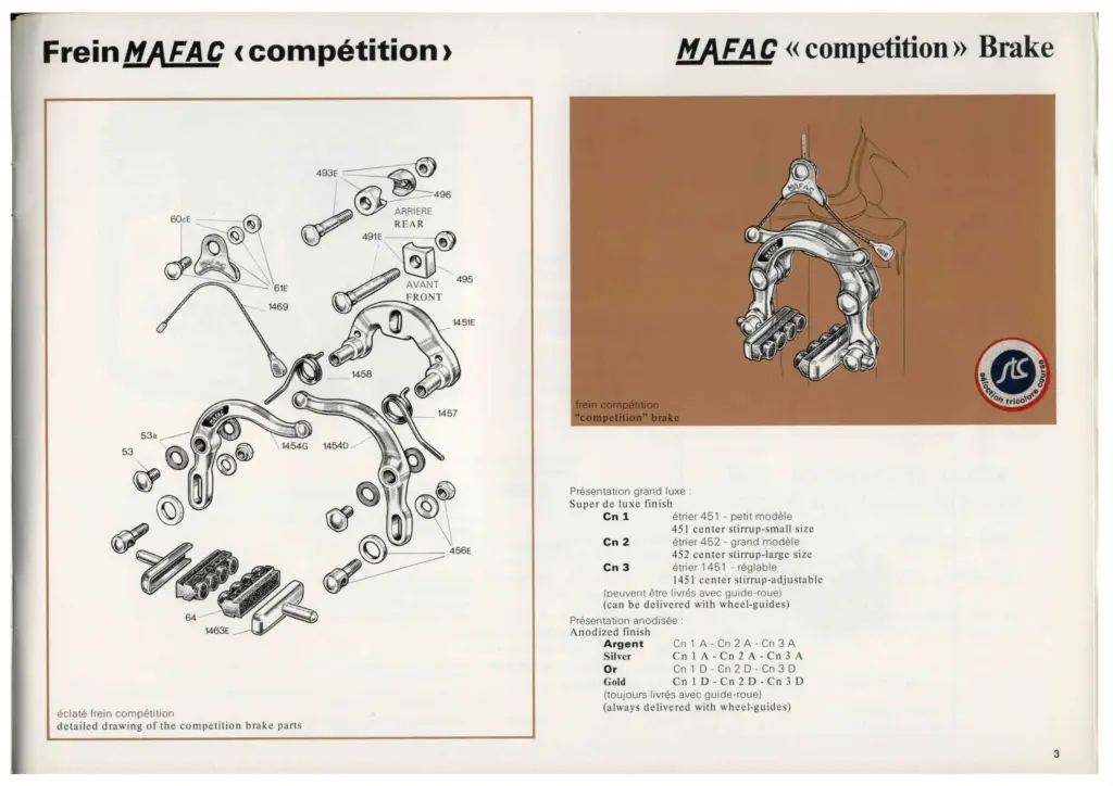 A spread from the 1976 Mafac catalog headed Frein Mafac compétition: on the left an exploded drawing of the Competition brake with numbered parts, among them the arms 1454G and 1454D and the stirrup 1451E; on the right a drawing of the brake on a fork, the stc sélection tricolore course roundel and the finish codes, Cn 1 to Cn 3 in grand luxe finish, Cn 1 A to Cn 3 A anodized silver and Cn 1 D to Cn 3 D anodized gold