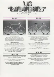 A Mercier Les Randonneurs touring bicycle catalog page for the RL10 and RL30 models, specification list crediting a Porte-bagages AV T.A. front rack