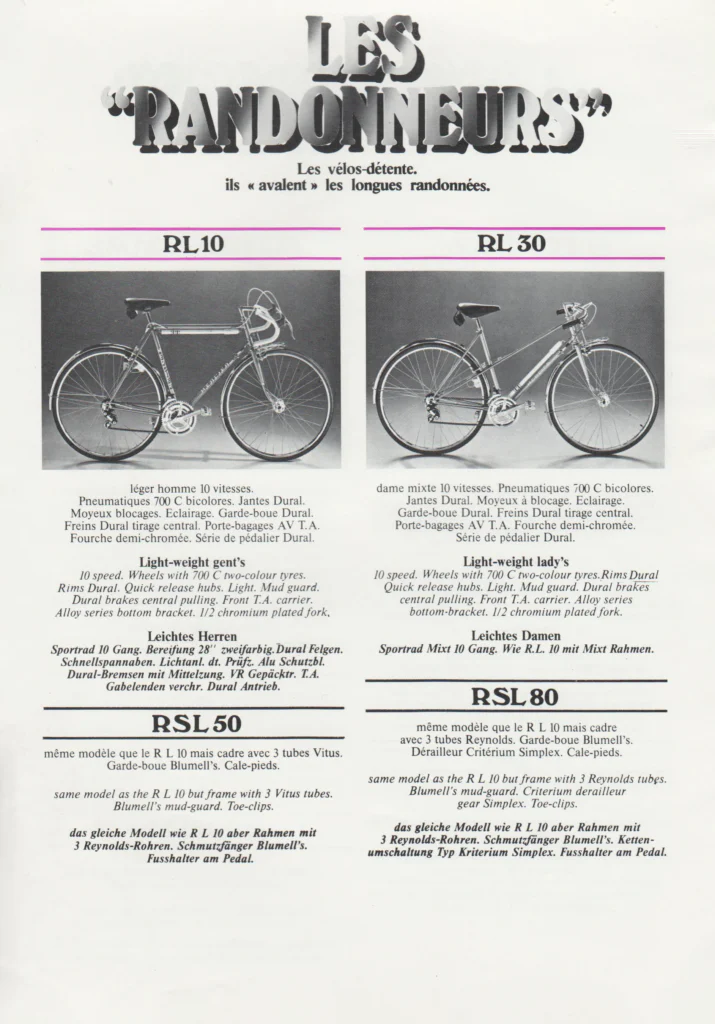 A Mercier Les Randonneurs touring bicycle catalog page for the RL10 and RL30 models, specification list crediting a Porte-bagages AV T.A. front rack