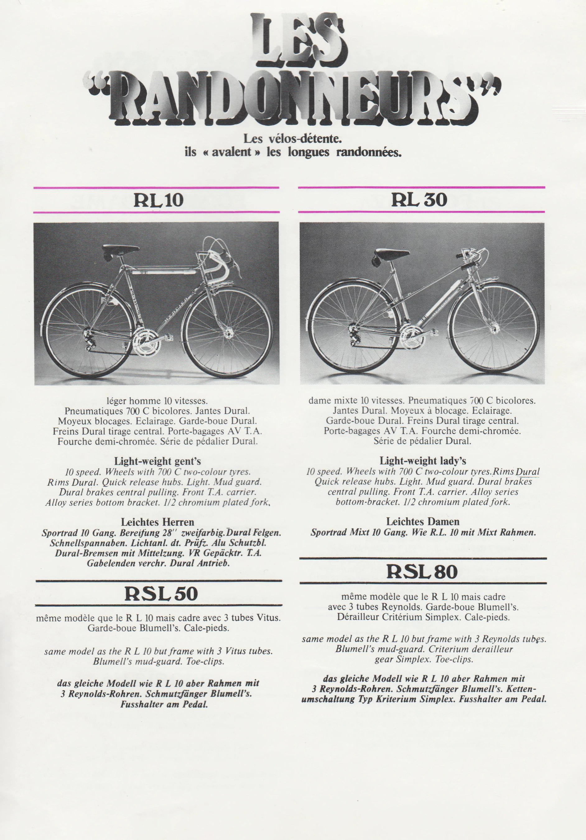 A Mercier Les Randonneurs touring bicycle catalog page for the RL10 and RL30 models, specification list crediting a Porte-bagages AV T.A. front rack