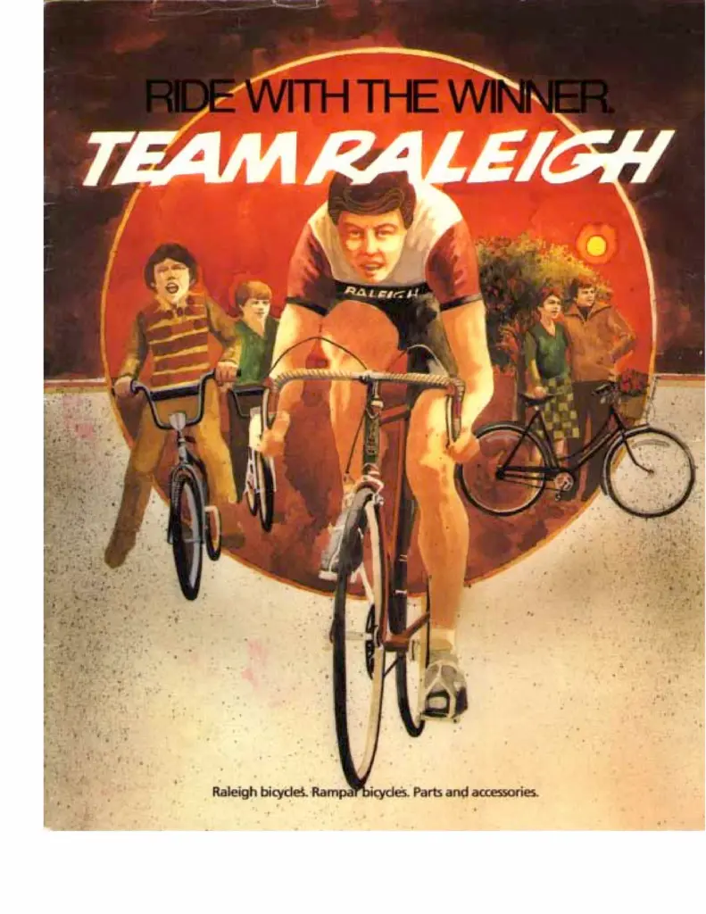 Painted catalog cover headed Ride With the Winner, Team Raleigh, showing a professional rider in Team Raleigh colors leading three children on Raleigh bicycles