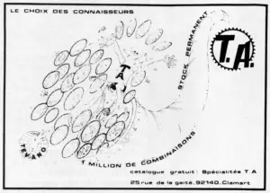 Whimsical advertisement headlined Le Choix des Connaisseurs, a hand scatters a swirl of components beside the T MILLION DE COMBINAISONS tagline and Tevano logo