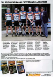 Team photograph of the Raleigh Weinmann professional racing team in Simplex Raleigh Weinmann jerseys standing behind a racing bicycle