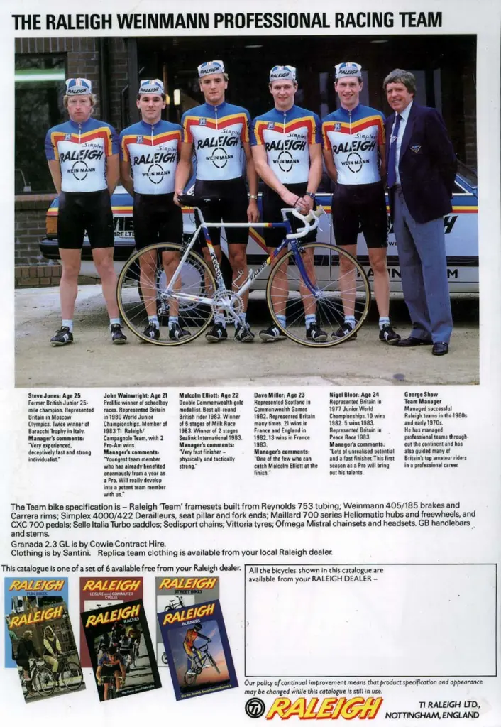 Team photograph of the Raleigh Weinmann professional racing team in Simplex Raleigh Weinmann jerseys standing behind a racing bicycle