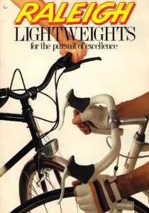 Catalog cover photograph of three pairs of hands gripping flat and drop handlebars, headed Raleigh Lightweights for the pursuit of excellence