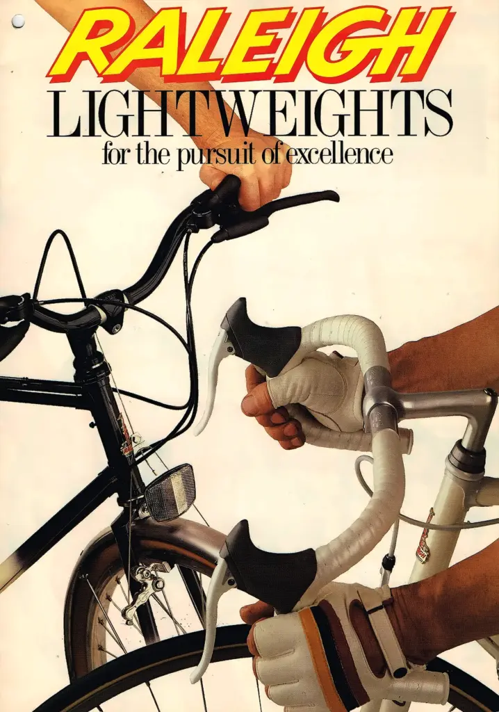 Catalog cover photograph of three pairs of hands gripping flat and drop handlebars, headed Raleigh Lightweights for the pursuit of excellence