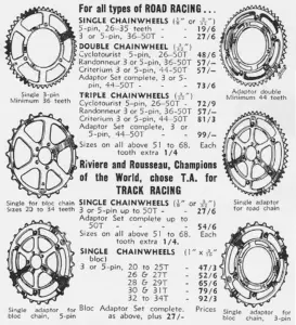 Catalog page listing single, double and triple chainwheels with tooth counts and prices for road racing and track use, with a note that Riviere and Rousseau chose T.A.