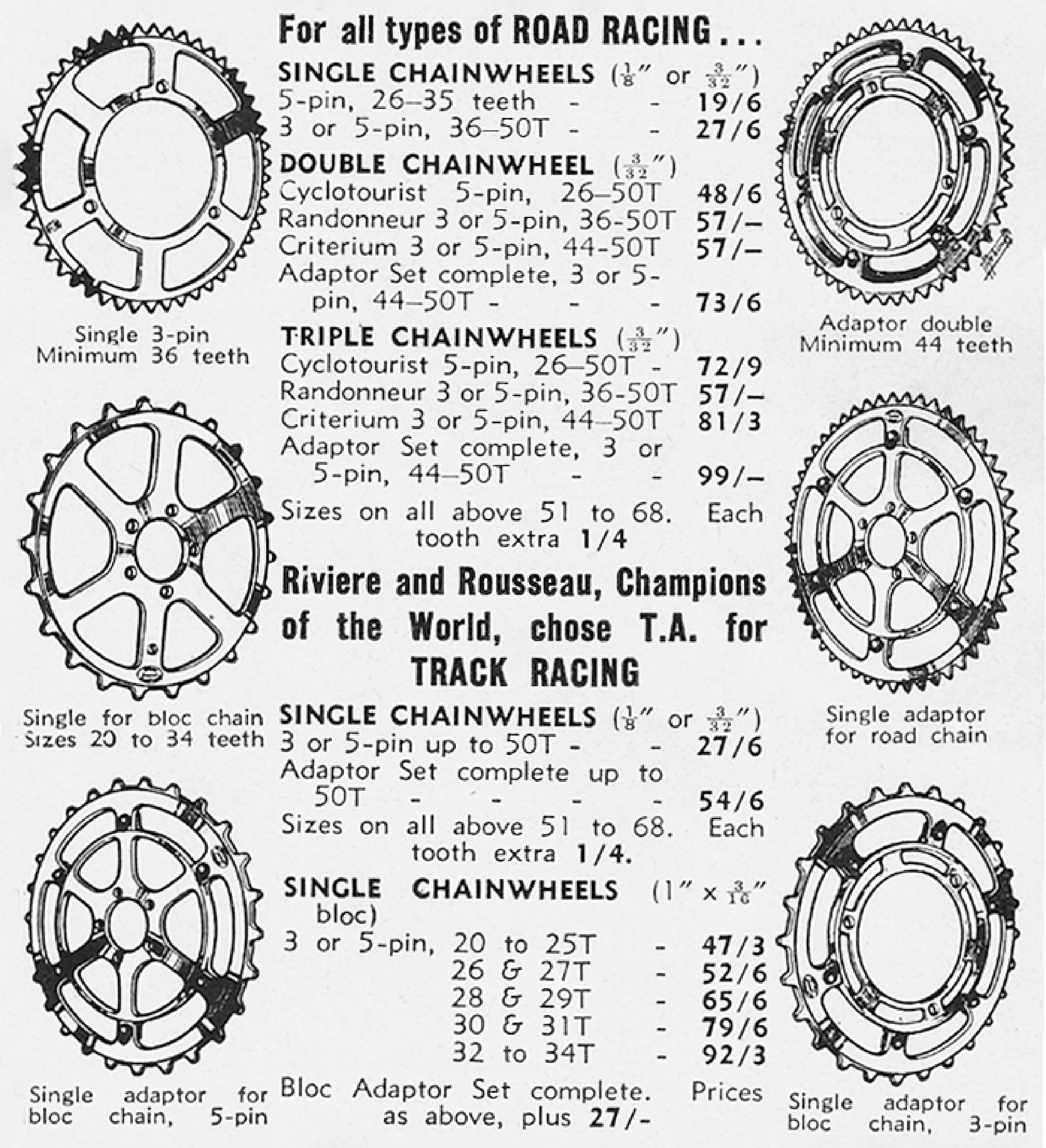 Catalog page listing single, double and triple chainwheels with tooth counts and prices for road racing and track use, with a note that Riviere and Rousseau chose T.A.