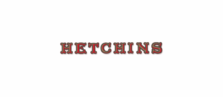 Hetchins ornate wordmark logo, red and olive lettering with dark outline on white background