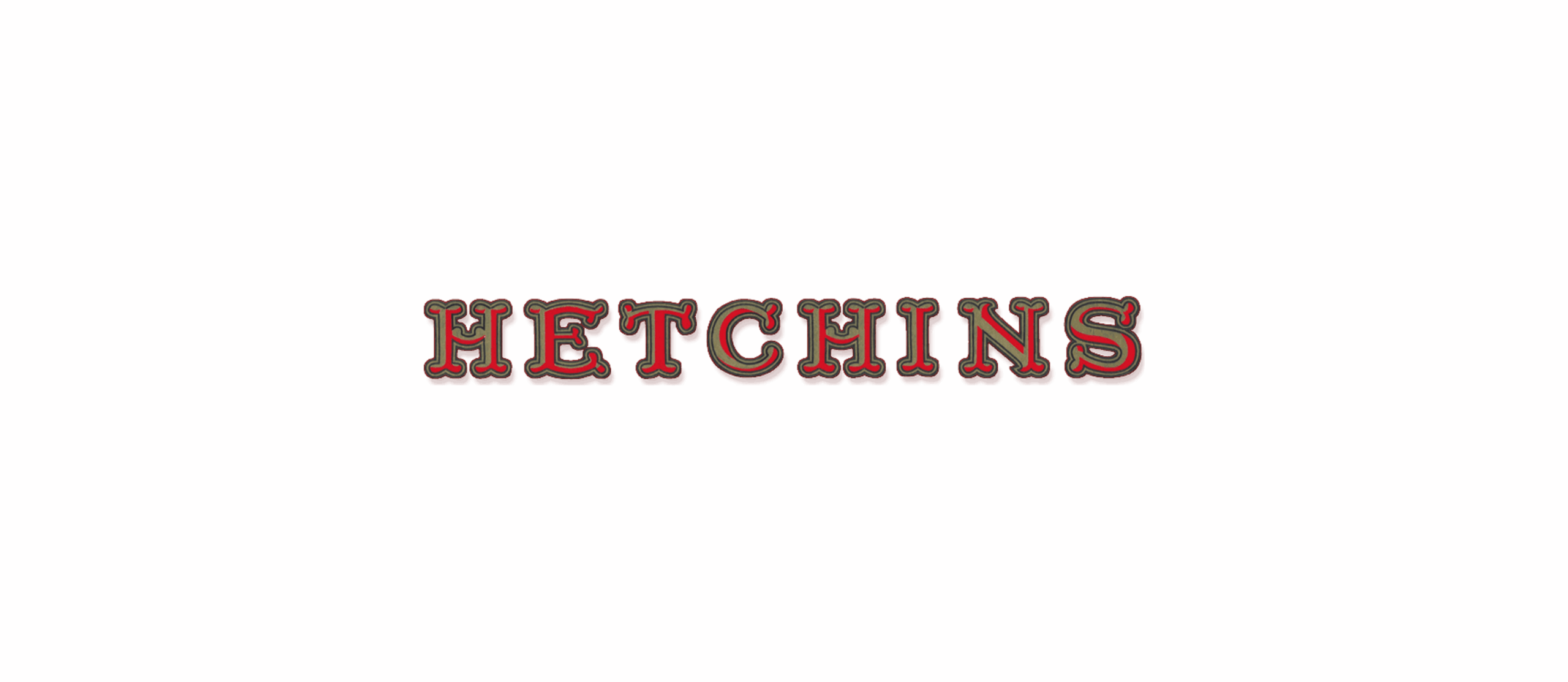 Hetchins ornate wordmark logo, red and olive lettering with dark outline on white background
