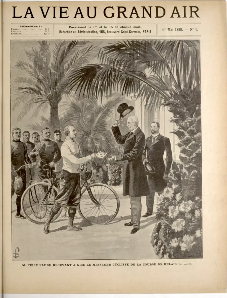 La Vie au Grand Air 1 May 1898 Cover — President Faure Receives the Relay Cyclist at Nice — page 1 of 1