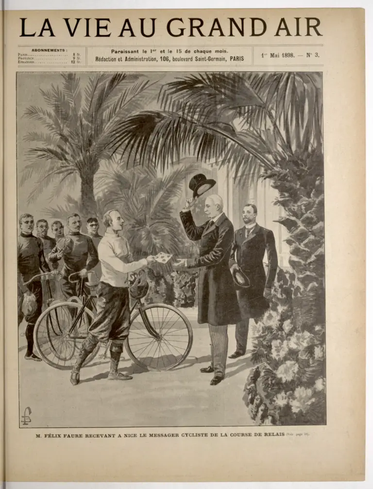 La Vie au Grand Air 1 May 1898 Cover — President Faure Receives the Relay Cyclist at Nice — page 1 of 1