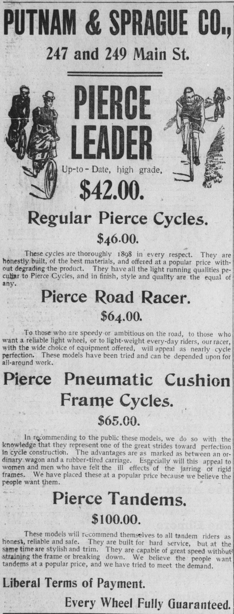 Pierce 1898 Advertisement — Putnam & Sprague Co., the Pierce Line with Prices — page 1 of 1