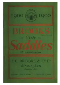 Green card cover inside a double red rule. The year 1900 is printed twice, either side of a circular trade mark showing a bee above the word INDUSTRIA. Below, BROOKS in large red letters over the script words Cycle Saddles and Accoutrements, then J. B. Brooks and Co Ltd, Birmingham, Established 1866, and Registered Offices and Works, Gt. Charles Street.
