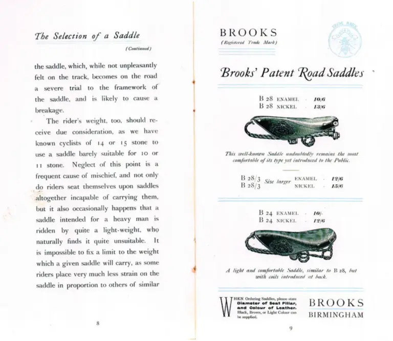 Brooks 1901 Catalog — Cycle Saddles and Accoutrements — page 6 of 12