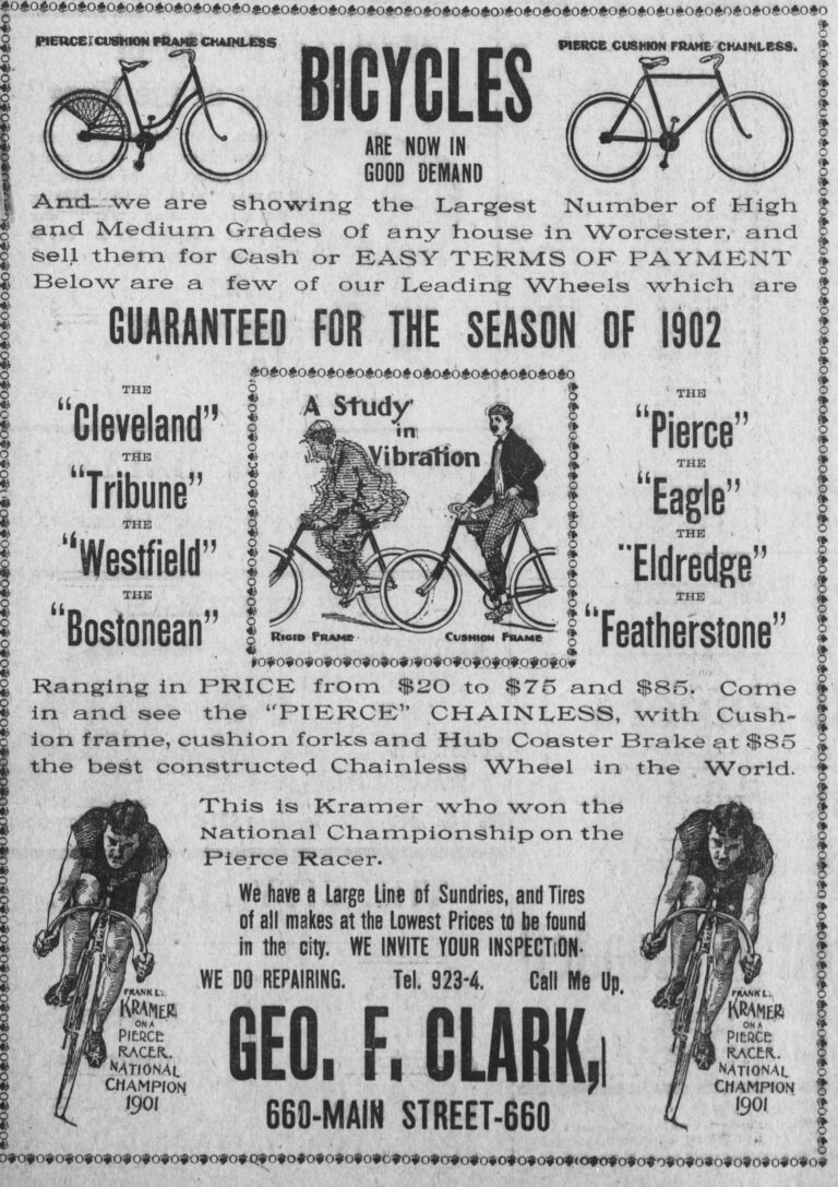 Pierce 1902 Advertisement — Geo. F. Clark, A Study in Vibration and Kramer, National Champion — page 1 of 1