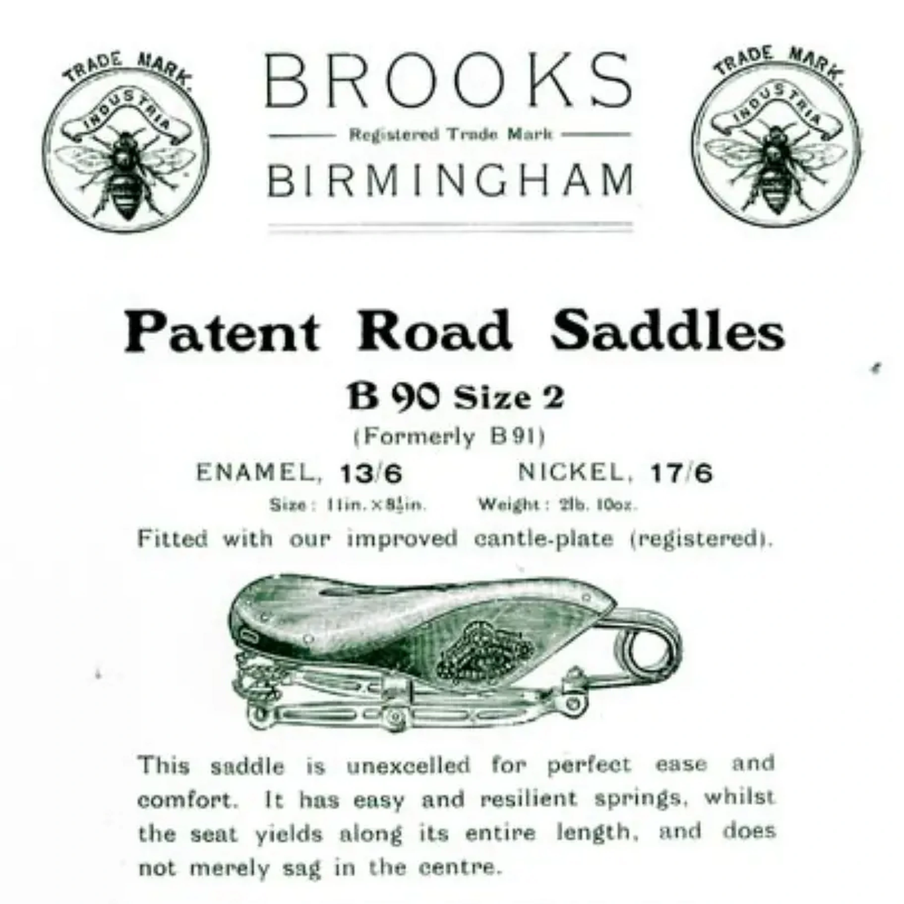 Detail of printed page 27 of the Brooks 1904 catalog, headed Patent Road Saddles with a bee trade mark roundel on either side of the Brooks Birmingham wordmark, the model number B 90 Size 2 above the parenthetical line Formerly B 91, prices in enamel and nickel, a size and weight line and an engraving of a sprung saddle in side elevation