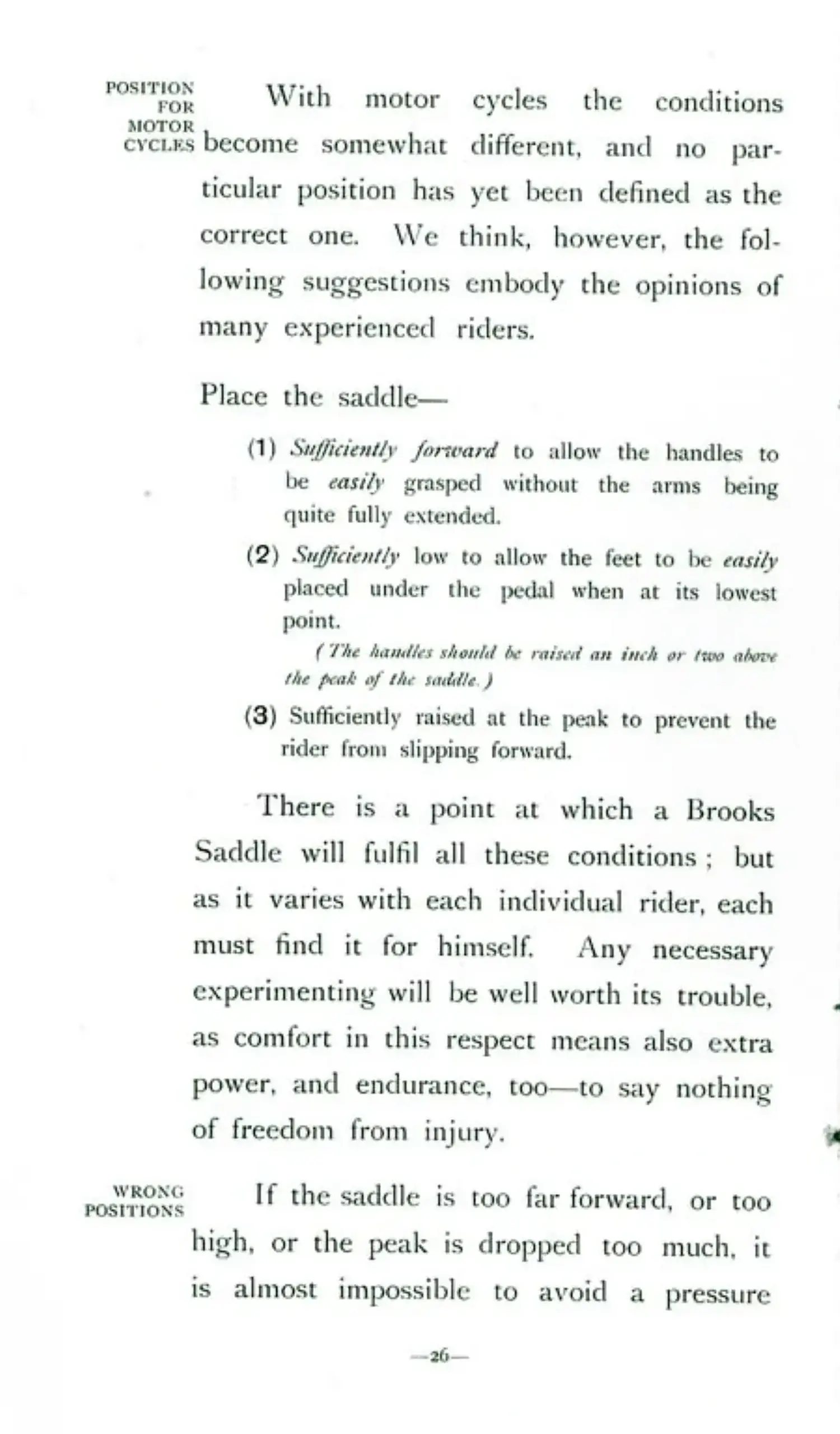 Printed page 26 of the Brooks 1904 catalog, a column of text with marginal side-headings reading Position for Motor Cycles and Wrong Positions, carrying a numbered three point rule for placing the saddle and a paragraph stating that each rider must find the point for himself
