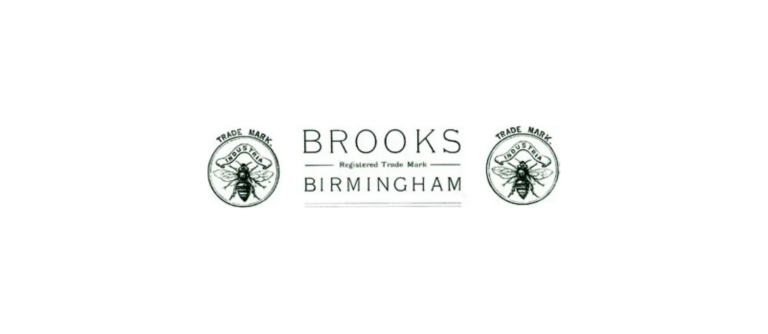 The Brooks trade mark as printed at the head of the 1904 catalog pages: the word BROOKS above the lines Registered Trade Mark and BIRMINGHAM, flanked on either side by a circular roundel enclosing a bee above a scroll lettered INDUSTRIA.