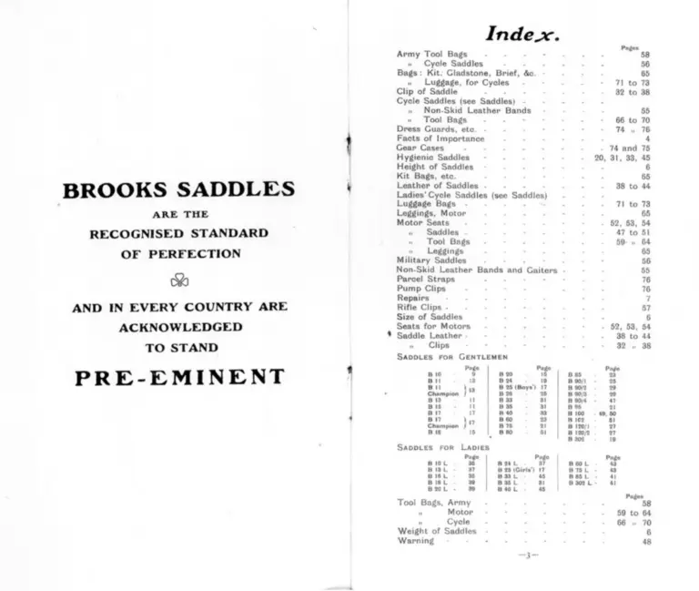 Brooks 1905 Catalog — Cycle and Motor Saddles, Seats and Accoutrements — page 3 of 6