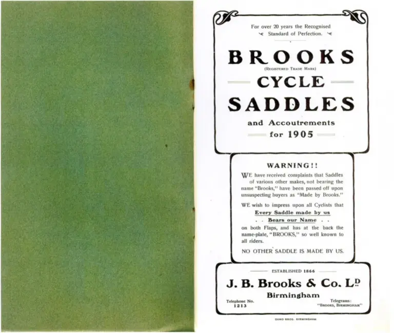 Brooks 1905 Catalog — Cycle and Motor Saddles, Seats and Accoutrements — page 2 of 6